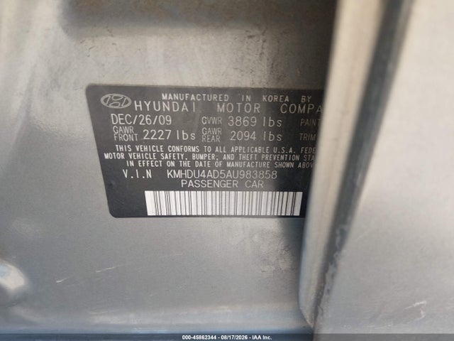 2010 Hyundai Elantra Gls მანქანა იყიდება აუქციონზე, vin: KMHDU4AD5AU983858, აუქციონის ნომერი: 45862344