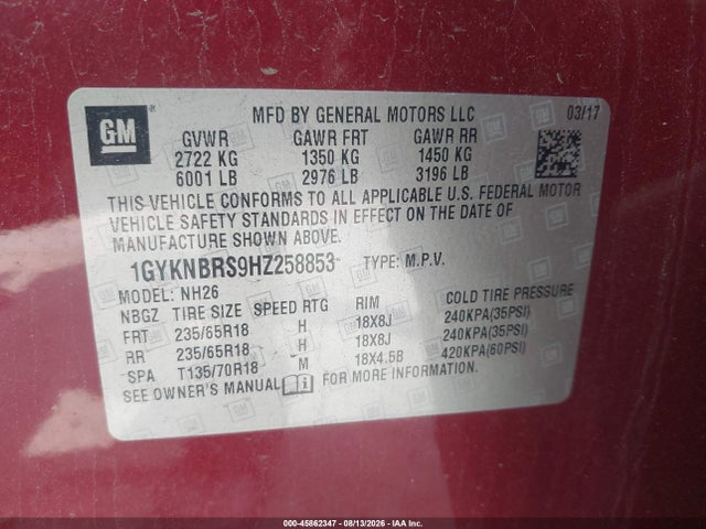 45862347 :رقم المزاد ، 1GYKNBRS9HZ258853 vin ، 2017 Cadillac Xt5 Luxury مزاد بيع