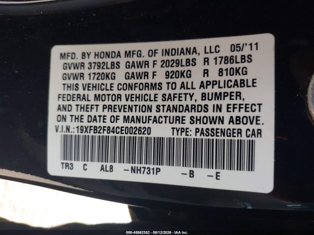 Auction sale of the 2012 Honda Civic Ex, vin: 19XFB2F84CE002620, lot number: 45862352