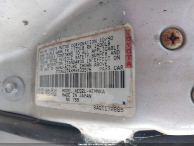 Продаж на аукціоні авто 1991 Toyota Corolla Le, vin: JT2AE97AXM3433976, номер лоту: 45862359