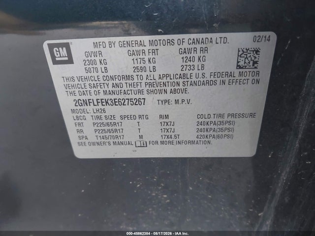 2014 Chevrolet Equinox Lt მანქანა იყიდება აუქციონზე, vin: 2GNFLFEK3E6275267, აუქციონის ნომერი: 45862384