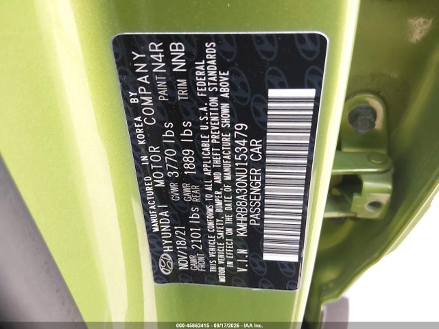 Aukcja sprzedaży 2022 Hyundai Venue Se, vin: KMHRB8A30NU153479, numer aukcji: 45862415