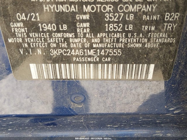 2021 Hyundai Accent Se/sel მანქანა იყიდება აუქციონზე, vin: 3KPC24A61ME147555, აუქციონის ნომერი: 45862432