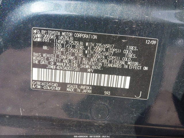 Aukcja sprzedaży 2010 Toyota Rav4, vin: JTMBF4DV3AD031581, numer aukcji: 45862436