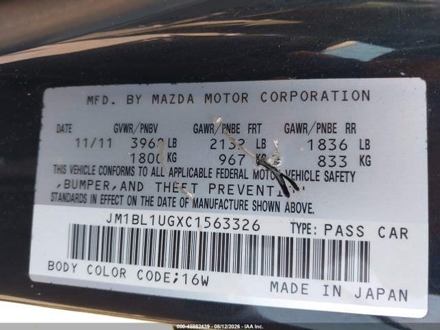 Aukcja sprzedaży 2012 Mazda Mazda3 I Sport, vin: JM1BL1UGXC1563326, numer aukcji: 45862439