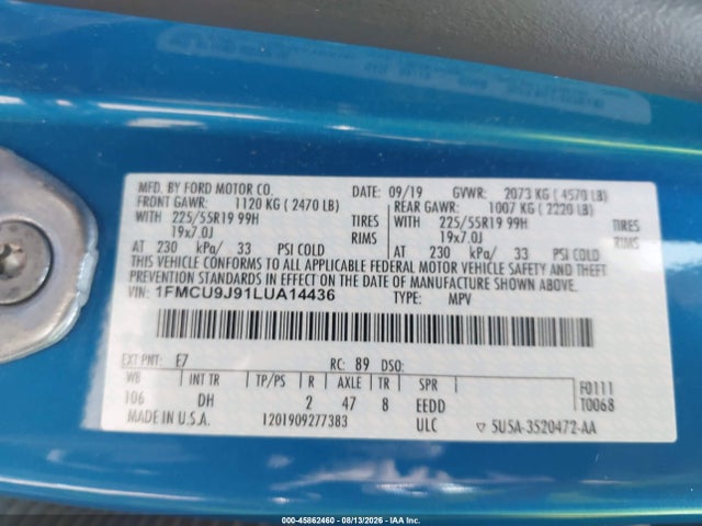 2020 Ford Escape Titanium მანქანა იყიდება აუქციონზე, vin: 1FMCU9J91LUA14436, აუქციონის ნომერი: 45862460