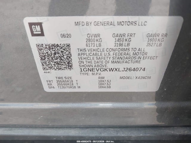 Продаж на аукціоні авто 2020 Chevrolet Traverse Awd Lt Cloth, vin: 1GNEVGKWXLJ264074, номер лоту: 45862470