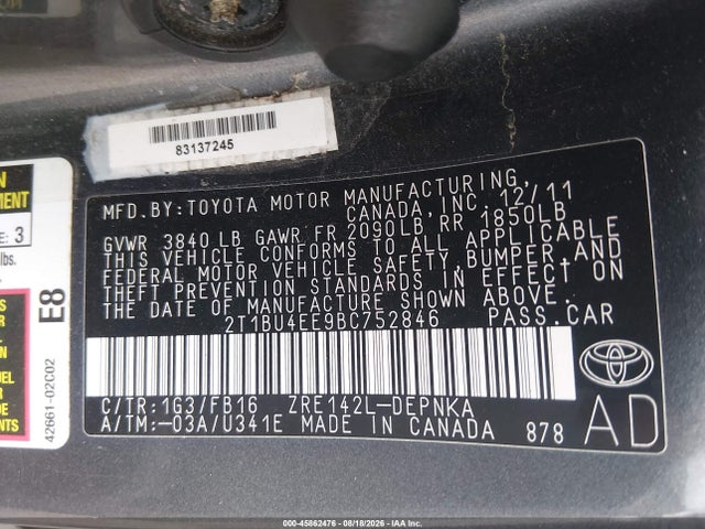 45862476 :رقم المزاد ، 2T1BU4EE9BC752846 vin ، 2011 Toyota Corolla Le مزاد بيع