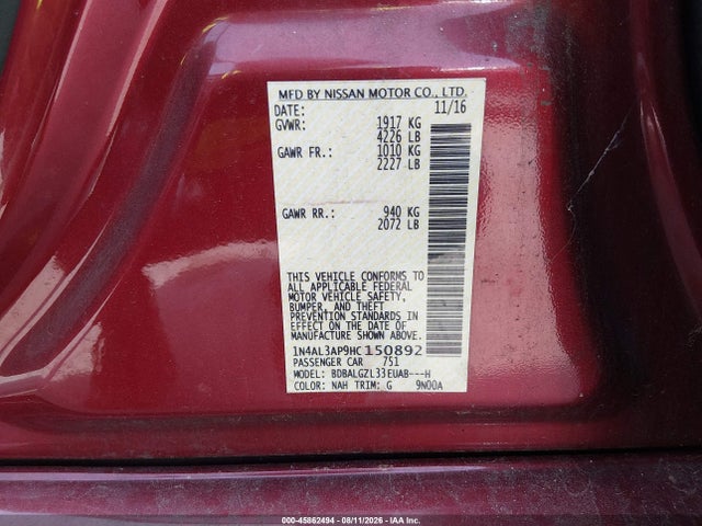 2017 Nissan Altima 2.5 S მანქანა იყიდება აუქციონზე, vin: 1N4AL3AP9HC150892, აუქციონის ნომერი: 45862494