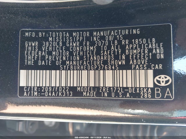 5YFBURHE0GP376845 Toyota Corolla S Plus