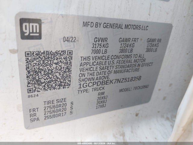 1GCPDBEK7NZ518358 Chevrolet Silverado 1500 4wd Short Bed Custom