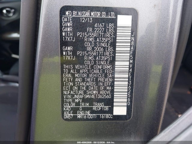 2014 Nissan Juke Sv მანქანა იყიდება აუქციონზე, vin: JN8AF5MV4ET362560, აუქციონის ნომერი: 45862509