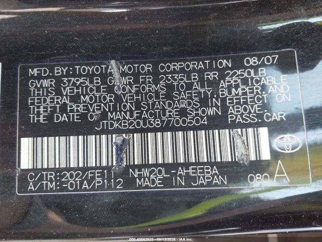 Продаж на аукціоні авто 2008 Toyota Prius, vin: JTDKB20U387700504, номер лоту: 45862523
