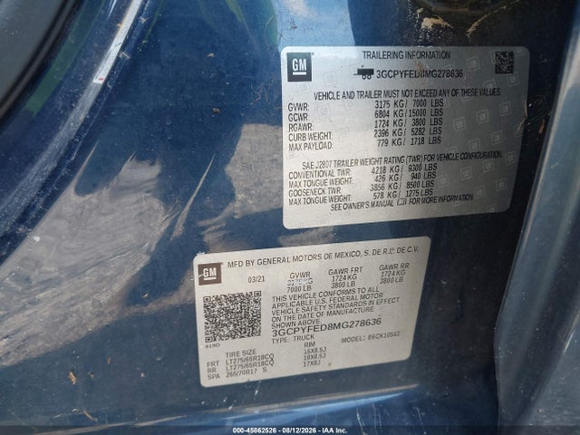 2021 Chevrolet Silverado 1500 4wd  Short Bed Lt Trail Boss მანქანა იყიდება აუქციონზე, vin: 3GCPYFED8MG278636, აუქციონის ნომერი: 45862526