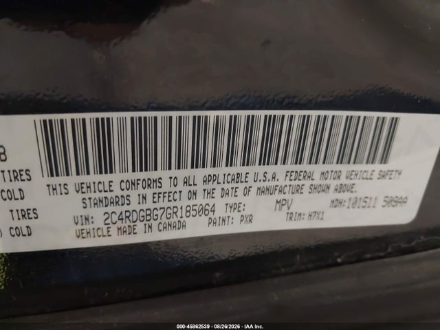2016 Dodge Grand Caravan American Value Pkg მანქანა იყიდება აუქციონზე, vin: 2C4RDGBG7GR185064, აუქციონის ნომერი: 45862539