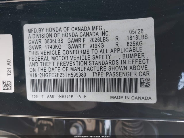 Aukcja sprzedaży 2026 Honda Civic Lx, vin: 2HGFE2F23TH599980, numer aukcji: 45862550