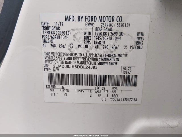 Aukcja sprzedaży 2013 Lincoln Mkx, vin: 2LMDJ8JK6DBL24393, numer aukcji: 45862555