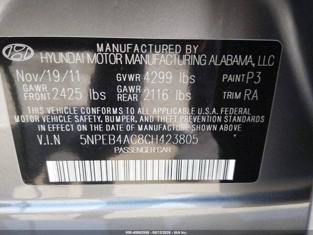 45862556 :رقم المزاد ، 5NPEB4AC8CH423805 vin ، 2012 Hyundai Sonata Gls مزاد بيع