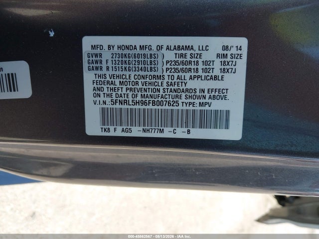 Aukcja sprzedaży 2015 Honda Odyssey Touring/touring Elite, vin: 5FNRL5H96FB007625, numer aukcji: 45862567