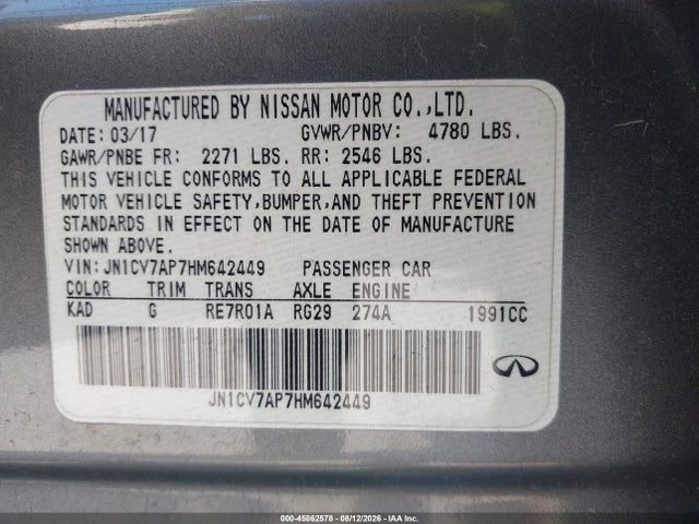 45862578 :رقم المزاد ، JN1CV7AP7HM642449 vin ، 2017 Infiniti Q50 2.0t Base مزاد بيع