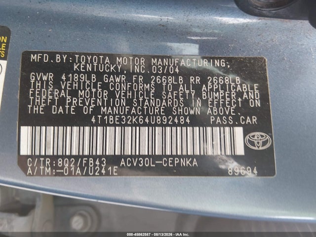 2004 Toyota Camry Le მანქანა იყიდება აუქციონზე, vin: 4T1BE32K64U892484, აუქციონის ნომერი: 45862587