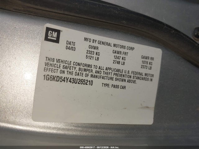 Aukcja sprzedaży 2003 Cadillac Deville Standard, vin: 1G6KD54Y43U265210, numer aukcji: 45862617