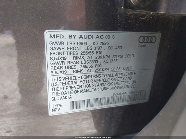 45862620 :رقم المزاد ، WA1LAAF70HD026052 vin ، 2017 Audi Q7 3.0t Premium مزاد بيع