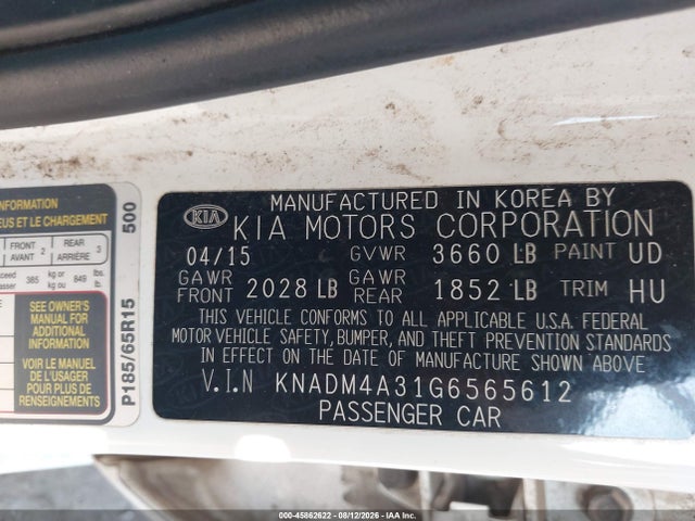 2016 Kia Rio Lx მანქანა იყიდება აუქციონზე, vin: KNADM4A31G6565612, აუქციონის ნომერი: 45862622
