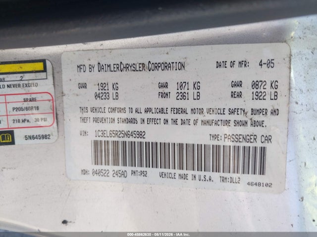Aukcja sprzedaży 2005 Chrysler Sebring Limited, vin: 1C3EL65R25N645982, numer aukcji: 45862630
