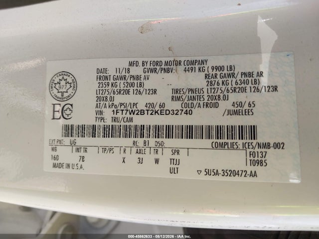 45862633 :رقم المزاد ، 1FT7W2BT2KED32740 vin ، 2019 Ford Super Duty F-250 Srw Platinum مزاد بيع