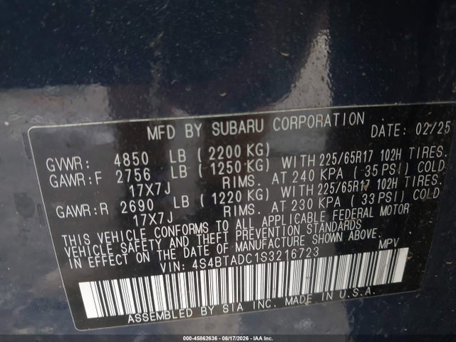 Aukcja sprzedaży 2025 Subaru Outback Premium, vin: 4S4BTADC1S3216723, numer aukcji: 45862636