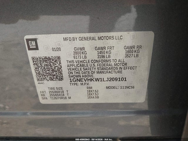 Продаж на аукціоні авто 2020 Chevrolet Traverse Awd Lt Leather, vin: 1GNEVHKW1LJ209101, номер лоту: 45862643
