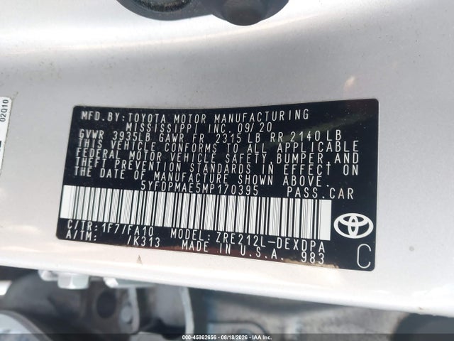 45862656 :رقم المزاد ، 5YFDPMAE5MP170395 vin ، 2021 Toyota Corolla L مزاد بيع