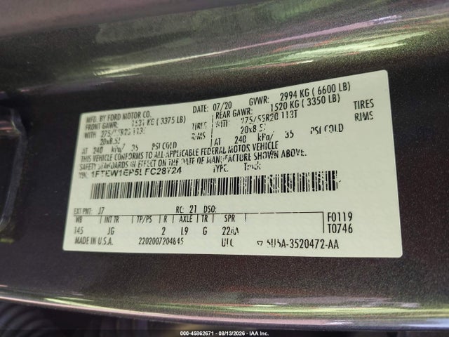 Продажа на аукционе авто 2020 Ford F-150 Xl, vin: 1FTEW1EP5LFC28724, номер лота: 45862671