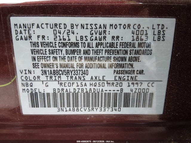 45862678 :رقم المزاد ، 3N1AB8CV5RY337340 vin ، 2024 Nissan Sentra Sv Xtronic Cvt مزاد بيع