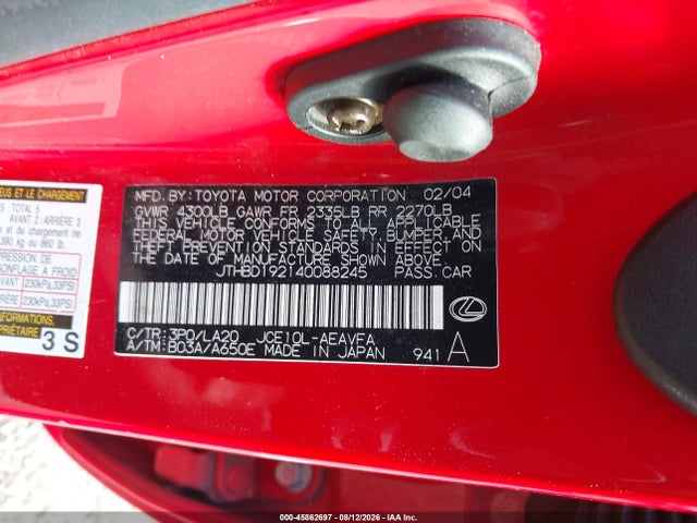 Aukcja sprzedaży 2004 Lexus Is 300, vin: JTHBD192140088245, numer aukcji: 45862697