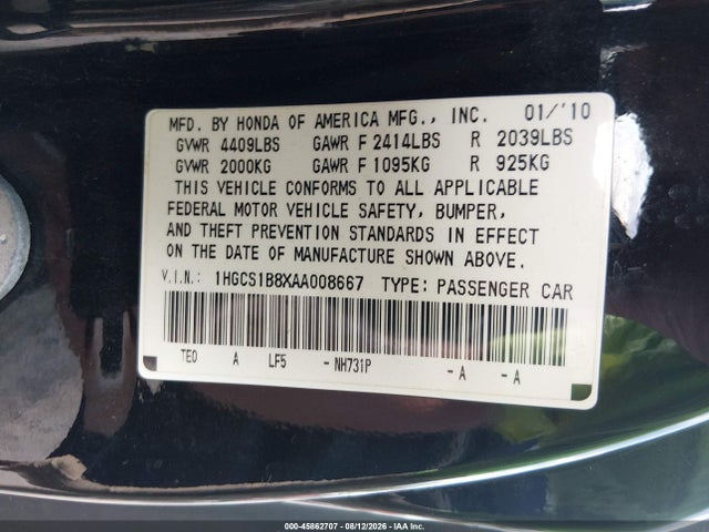 45862707 :رقم المزاد ، 1HGCS1B8XAA008667 vin ، 2010 Honda Accord 2.4 Ex-l مزاد بيع