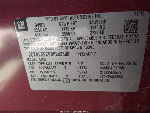 45862713 :رقم المزاد ، 2CTALSEC9B6282308 vin ، 2011 Gmc Terrain Sle-2 مزاد بيع