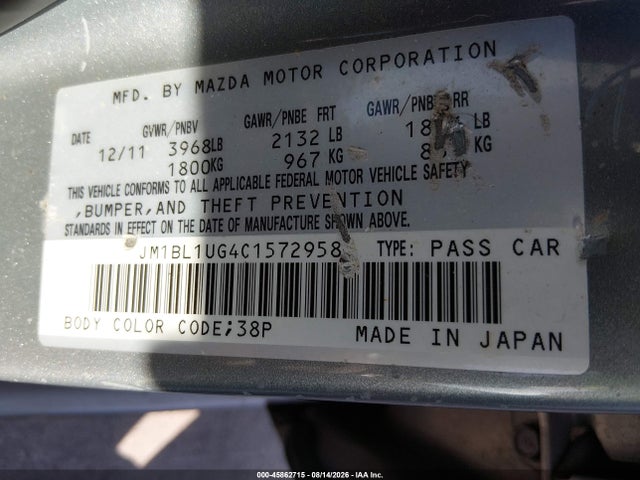 Aukcja sprzedaży 2012 Mazda Mazda3 I Sport, vin: JM1BL1UG4C1572958, numer aukcji: 45862715