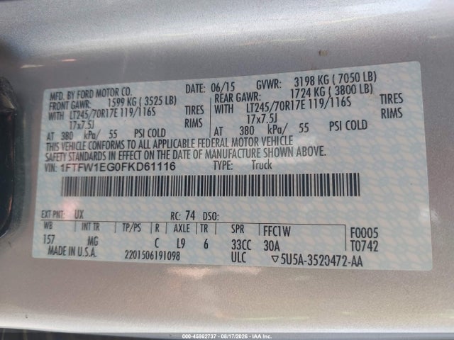 Продажа на аукционе авто 2015 Ford F-150 Xlt, vin: 1FTFW1EG0FKD61116, номер лота: 45862737