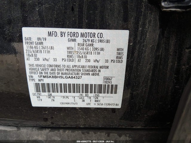 Продаж на аукціоні авто 2020 Ford Explorer, vin: 1FMSK8BH5LGA84327, номер лоту: 45862775