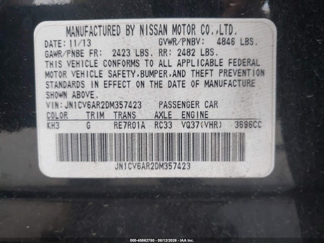 Aukcja sprzedaży 2013 Infiniti G37x, vin: JN1CV6AR2DM357423, numer aukcji: 45862780