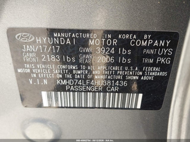 2017 Hyundai Elantra Se მანქანა იყიდება აუქციონზე, vin: KMHD74LF4HU381436, აუქციონის ნომერი: 45862784