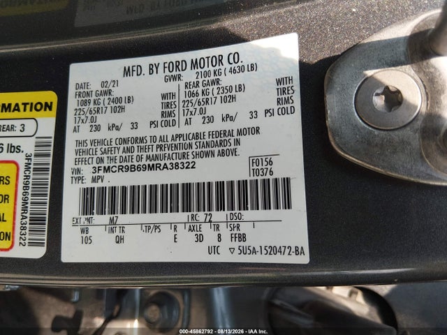 2021 Ford Bronco Sport Big Bend მანქანა იყიდება აუქციონზე, vin: 3FMCR9B69MRA38322, აუქციონის ნომერი: 45862792