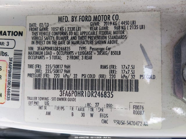 Продажа на аукционе авто 2013 Ford Fusion Se, vin: 3FA6P0HR1DR246835, номер лота: 45862799