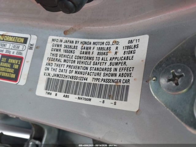 2011 Honda Insight Ex მანქანა იყიდება აუქციონზე, vin: JHMZE2H74BS012244, აუქციონის ნომერი: 45862803