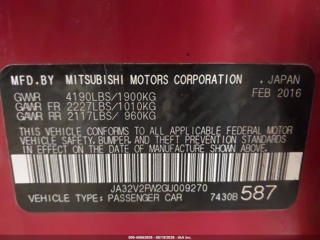 Aukcja sprzedaży 2016 Mitsubishi Lancer Es, vin: JA32V2FW2GU009270, numer aukcji: 45862805