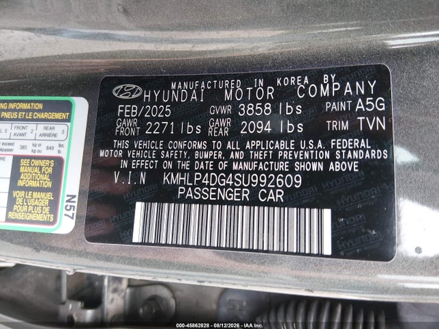 45862828 :رقم المزاد ، KMHLP4DG4SU992609 vin ، 2025 Hyundai Elantra Limited مزاد بيع