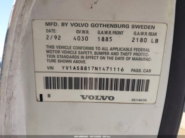 Продажа на аукционе авто 1992 Volvo 240 Gl, vin: YV1AS8817N1471116, номер лота: 45862842
