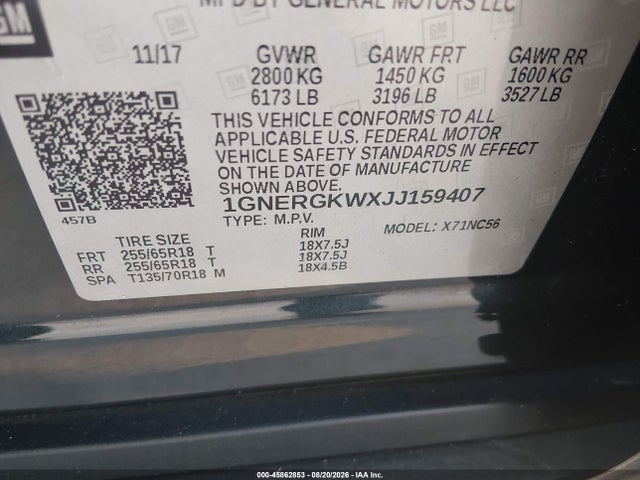 1GNERGKWXJJ159407 Chevrolet Traverse Lt Cloth